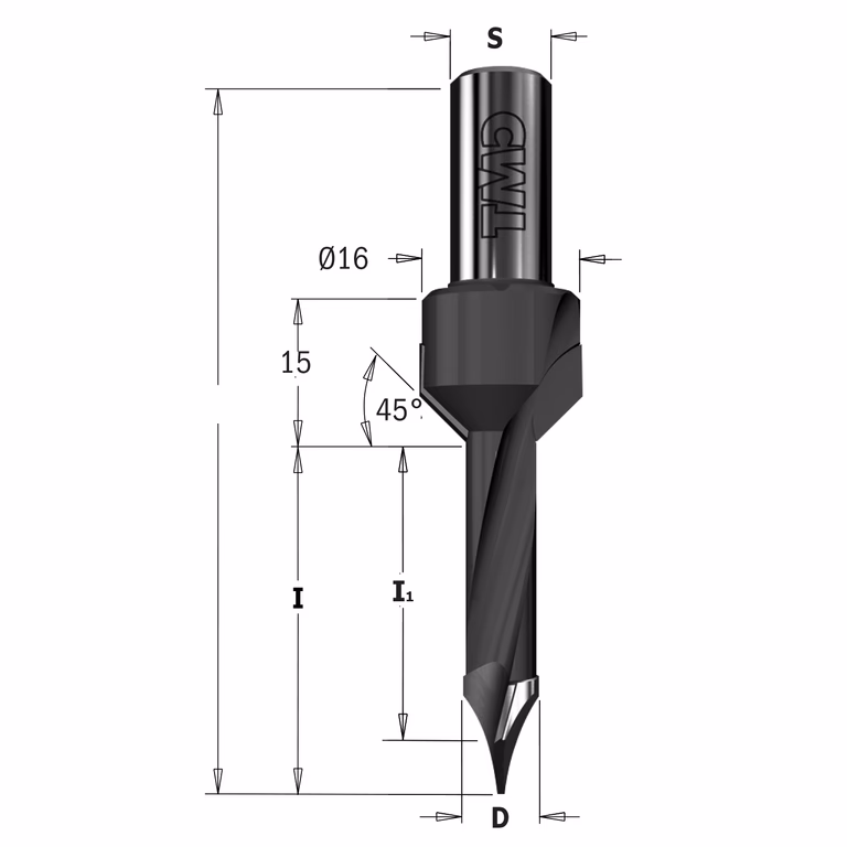Drevelboor met vaste verzinker, rechts D=7mm L=70mm I=35mm